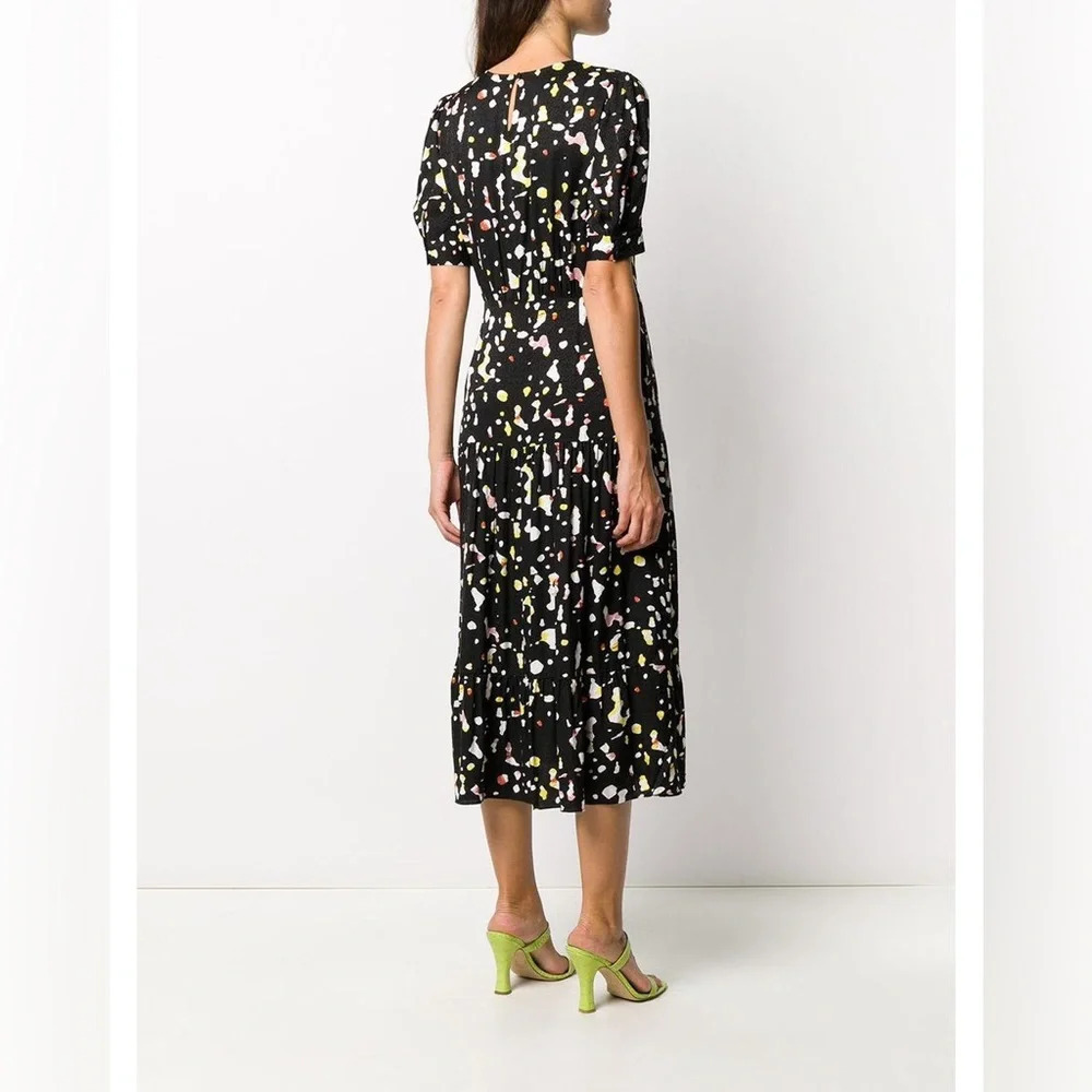 Ba&sh Tonya Gathered Printed Satin Jacquard Midi Dress in Black Spotted Size 2 - Picture 5 of 12
